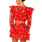 Round Neck Long-sleeved Cropped Top And Printed Mini Skirt Two-piece Set
