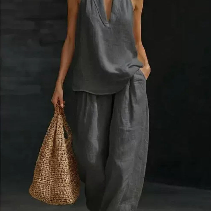 Sleeveless V-neck Halter Top And Wide-leg Pants - grey