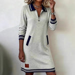 Lapel Zipper Pockets Long Sleeve Dresses - white