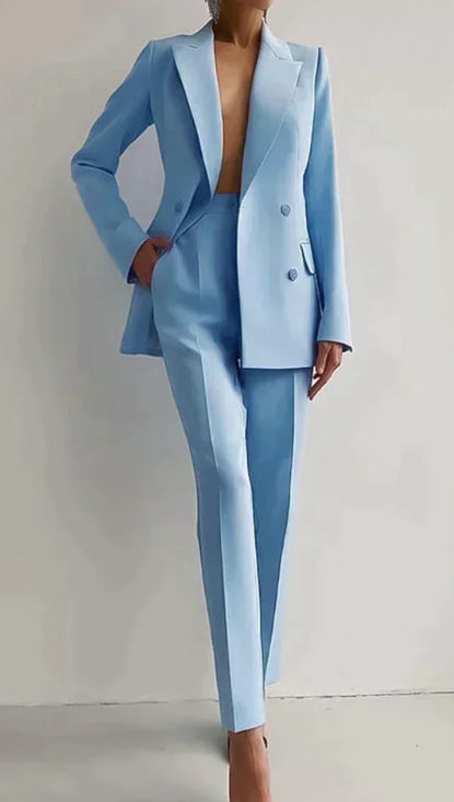 Single-breasted Jacket Top And Slim Fit Trousers Suit - light blue