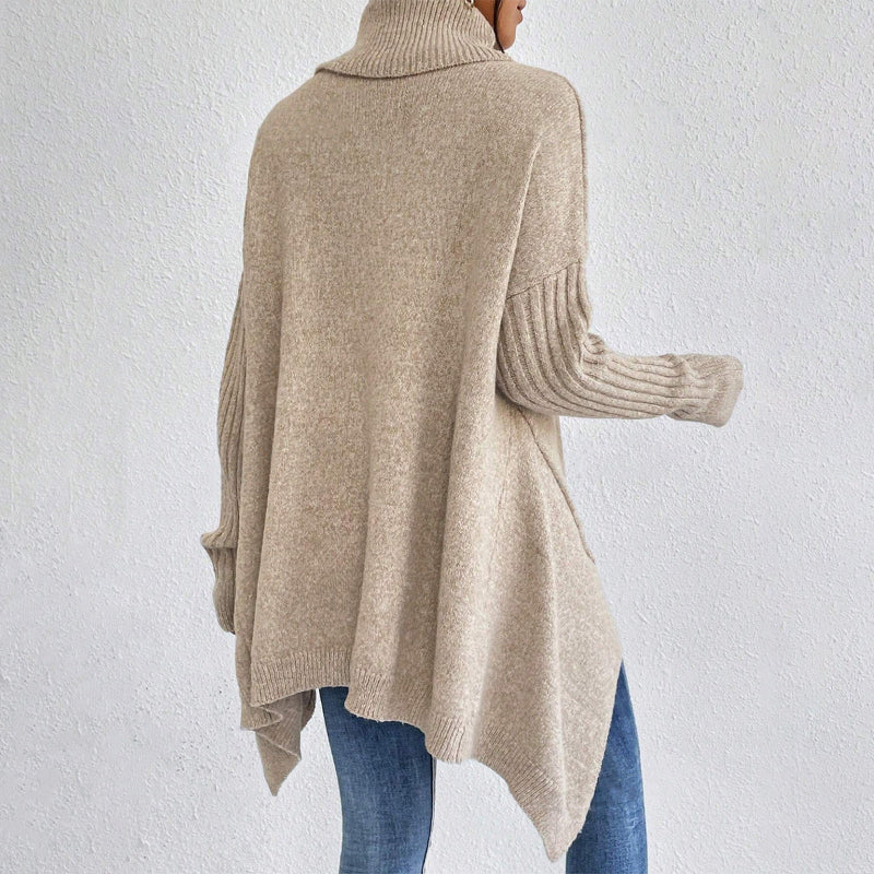 Irregular Turtleneck Sweater: Modern Intellectual Style - beige