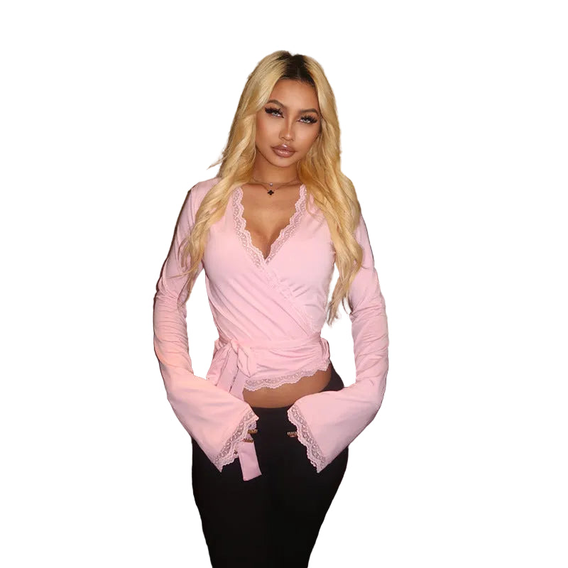 Title: Bold V-Neck Lace-Up Long-Sleeve Top