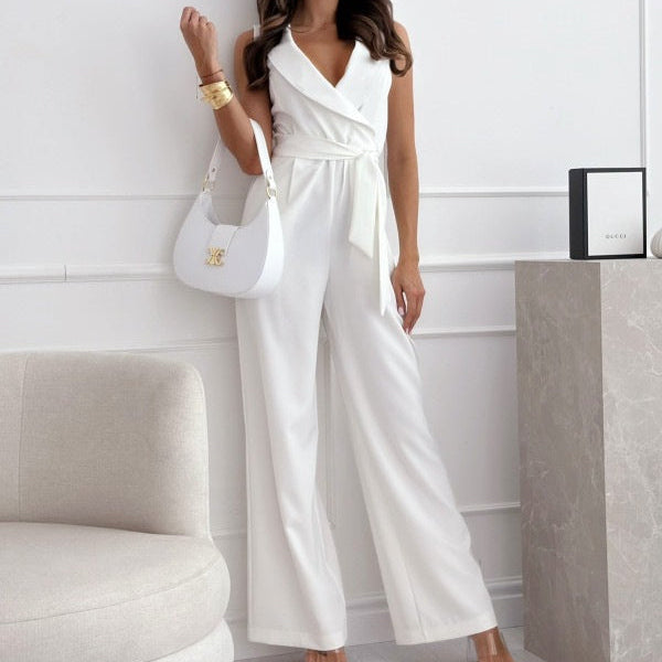 V-neck Sleeveless Jumpsuit With Belt - white