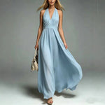 V-neck Sleeveless Waist-cinching Maxi Dress - light blue