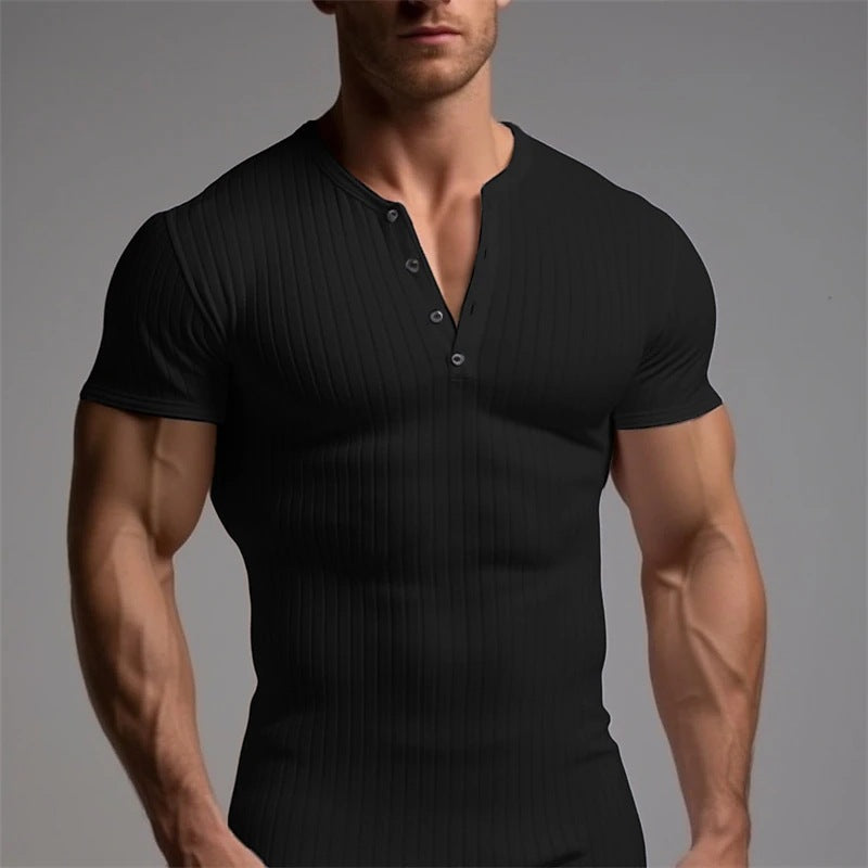 V-neck Button T-shirt - black