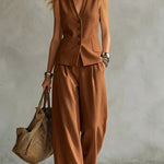 Two-piece V-Neck Sleeveless Vest And Wide Leg Pants - brown