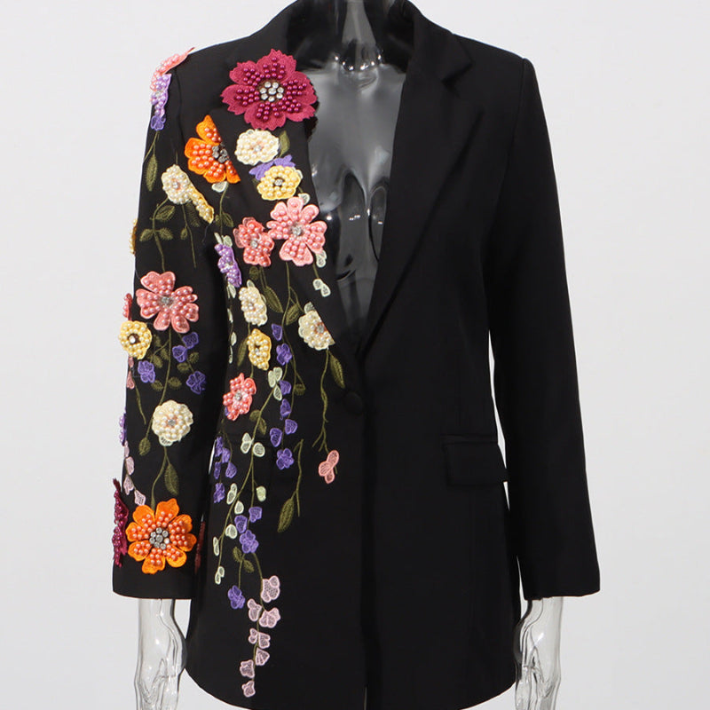 Elegant Three-dimensional Floral Embroidered Blazers - blacj