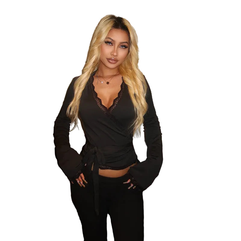 Title: Bold V-Neck Lace-Up Long-Sleeve Top