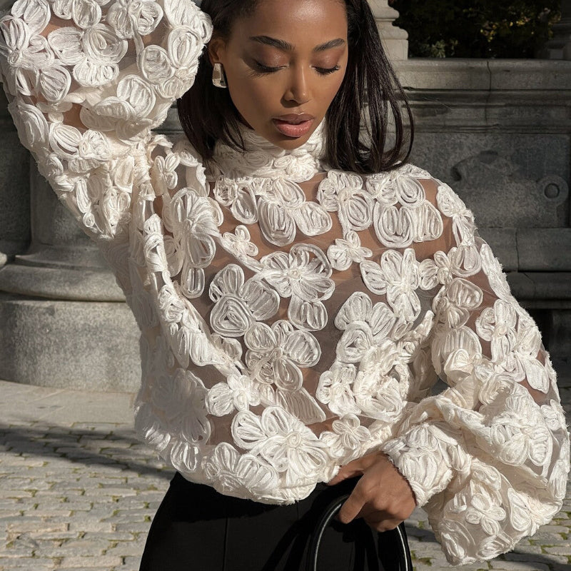 White Floral Pearl Textured Shirt