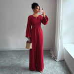 Square Neck Puffed Sleeve Jumpsuit - Red