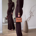Long Sleeve Slit Maxi Dress - brown