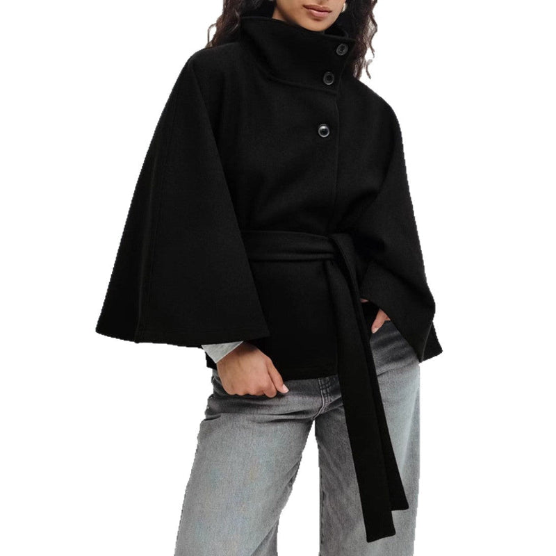 High Neck Batwing Sleeve Coat With Belt - black