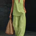Sleeveless V-neck Halter Top And Wide-leg Pants - green