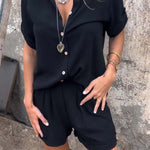 Lapel Button Shirt Top And Pocket Shorts - black