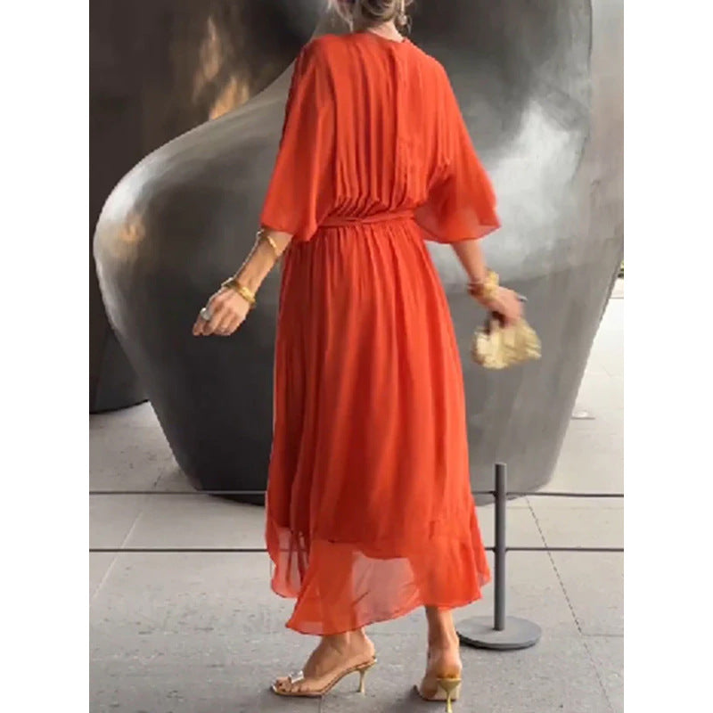 Batwing Sleeve V-neck Midi Dress - orange