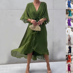 Batwing Sleeve V-neck Midi Dress - green