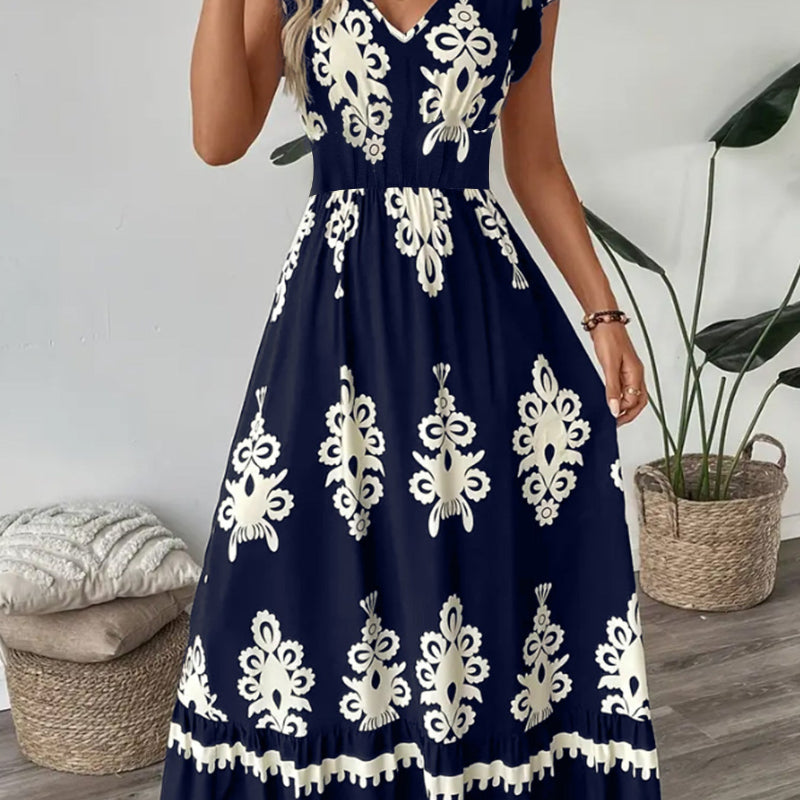High-waisted, Figure-flattering, Elegant Maxi Dress - navy blue