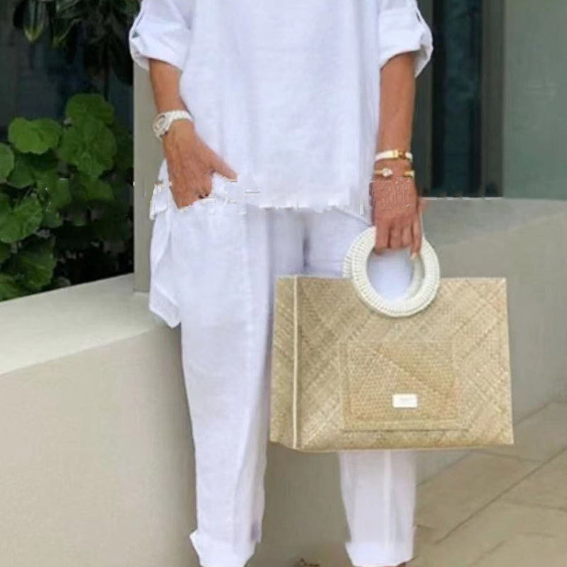 Chic Summer Casual Hemp-Cotton Suit - beige