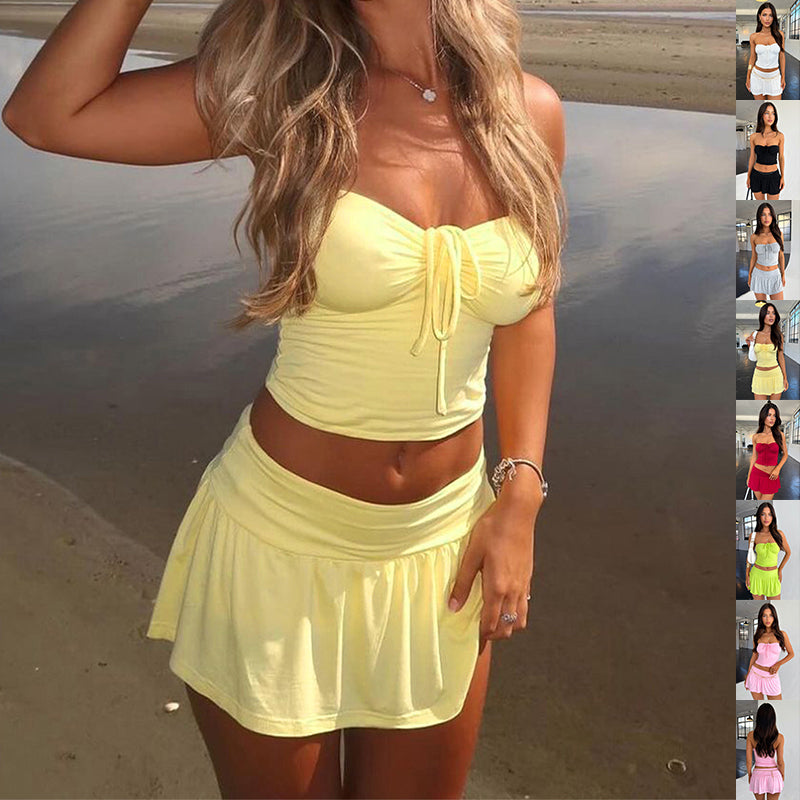 Sleeveless Tube Top And Pleated Skirt Set - yellow