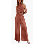 Casual Sleeveless Midriff-baring Top And Wide Leg Pants 2pcs Set - red