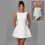 Big-Bowed Pearls Backless Mini Dress