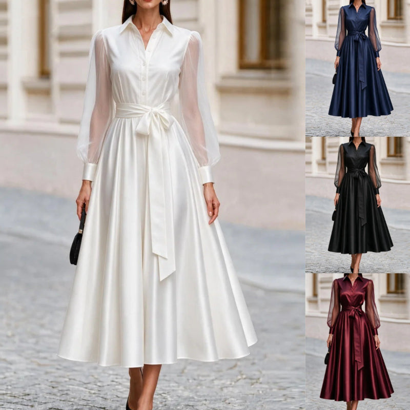 Sheer-Mesh-Sleeve Shirt-Collar V-Neck Self-Tie Bow-Belt Voluminous A-Line Midi Dress — 4 Colours, S–2XL