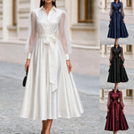 Sheer-Mesh-Sleeve Shirt-Collar V-Neck Self-Tie Bow-Belt Voluminous A-Line Midi Dress — 4 Colours, S–2XL