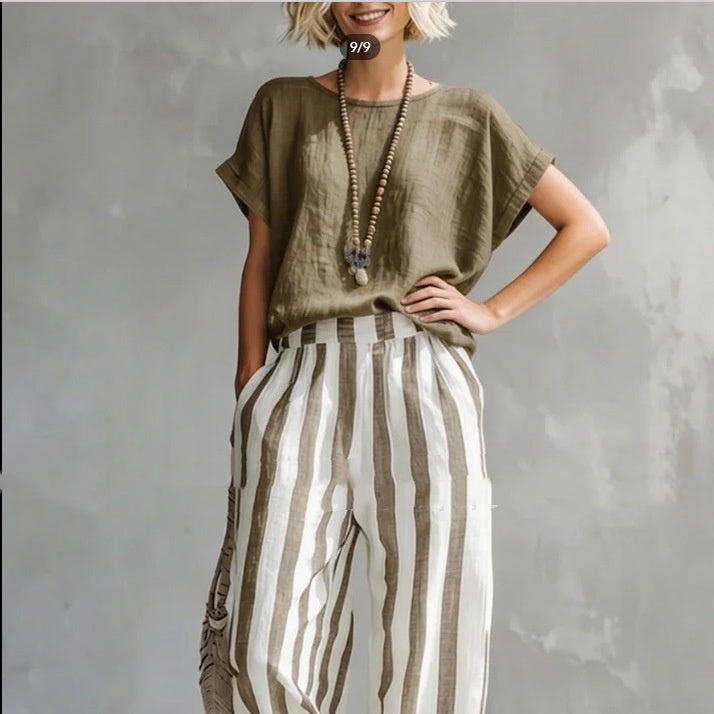 Round Neck Pullover T-Shirt And Striped Print Straight Leg Pants - brown