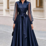 Sheer-Mesh-Sleeve Shirt-Collar V-Neck Self-Tie Bow-Belt Voluminous A-Line Midi Dress — dark blue , S–2XL