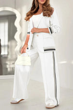 2 Pcs Set Long Sleeves Jacket Wide Leg High Waist Trousers Outfit - white