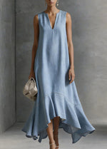 Sleeveless V-Neck Asymmetric Hem Maxi Dress - light blue