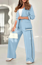 2 Pcs Set Long Sleeves Jacket Wide Leg High Waist Trousers Outfit - light blue