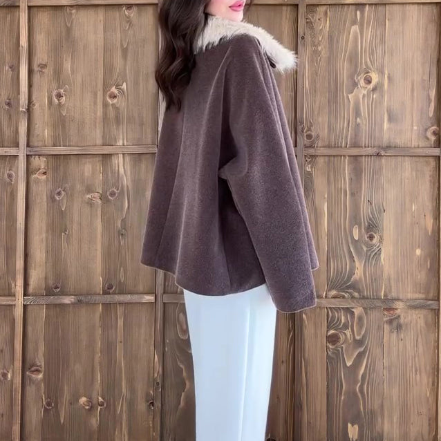 Brown Oversized Coat With White Faux Fur Collar