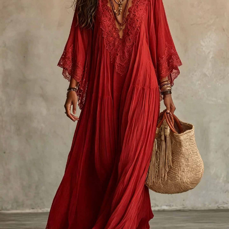 Lace-Trim V-Neck Flared-Sleeve Boho Maxi Dress - red