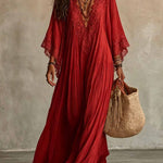 Lace-Trim V-Neck Flared-Sleeve Boho Maxi Dress - red