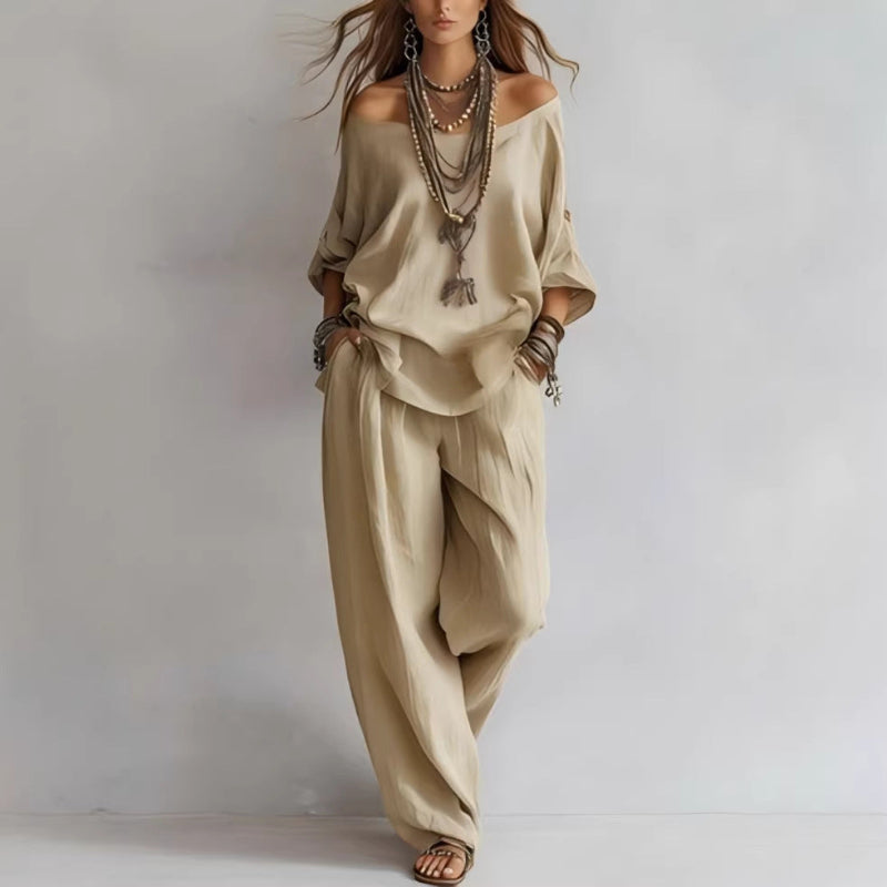 Three-quarter Sleeves Top And Loose Pockets Wide-Leg Pants Set - beige