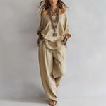 Three-quarter Sleeves Top And Loose Pockets Wide-Leg Pants Set - beige