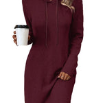 Ribbed Hooded Long Sleeve Mini Dress - wine red