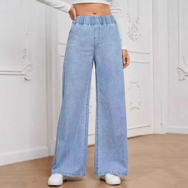 Elastic-Waist Wide-Leg Jeans - light blue