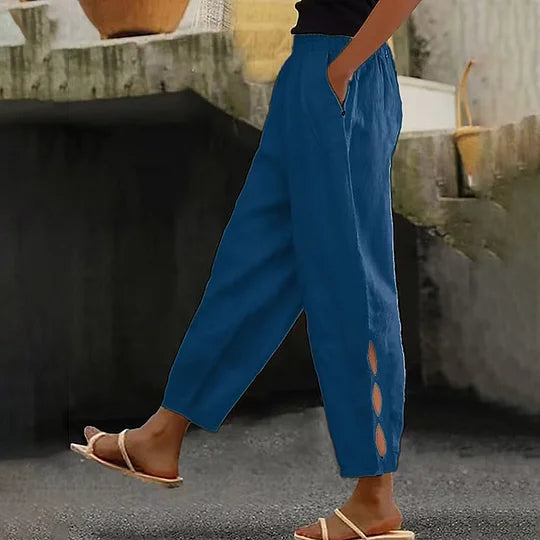 Button-Adorned Bottom Hem Pants - blue
