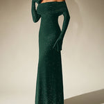 Off-Shoulder Maxi Dress With Glitter Detail And Mesh Sleeves - dark green