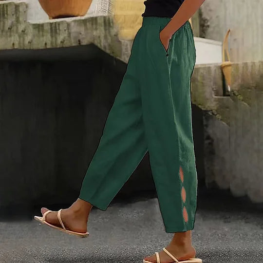 Button-Adorned Bottom Hem Pants - green