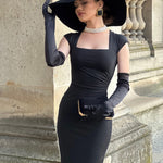 Black Square Neck Hip Wrap Midi Dress With Gloves