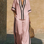 Short Sleeve Top And Wide Leg Pants Two Piece Set - pink