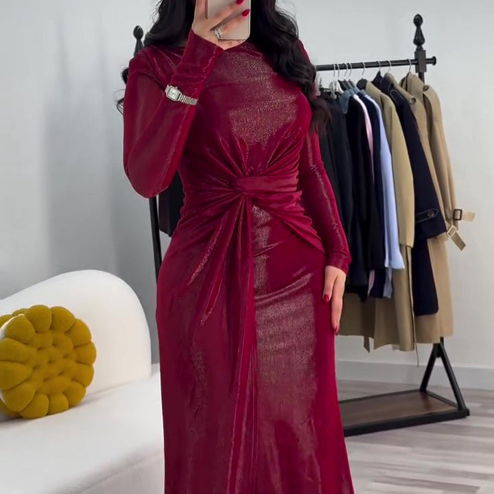 Metallic Maxi Dress With Twist Front Detail And Long Sleeves
