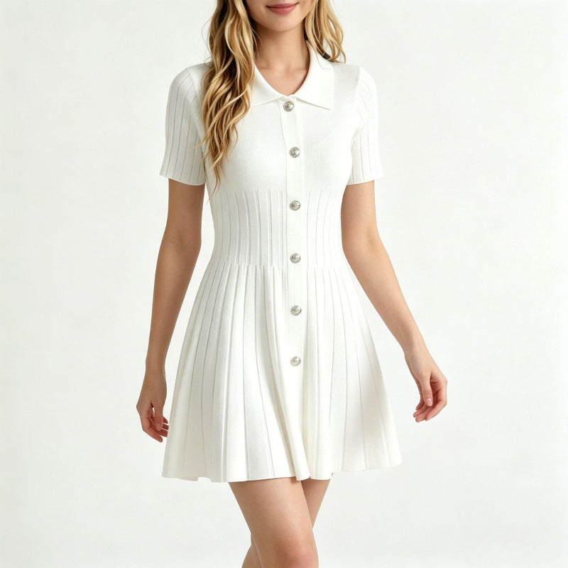 Polo-neck Knitted Dress - white