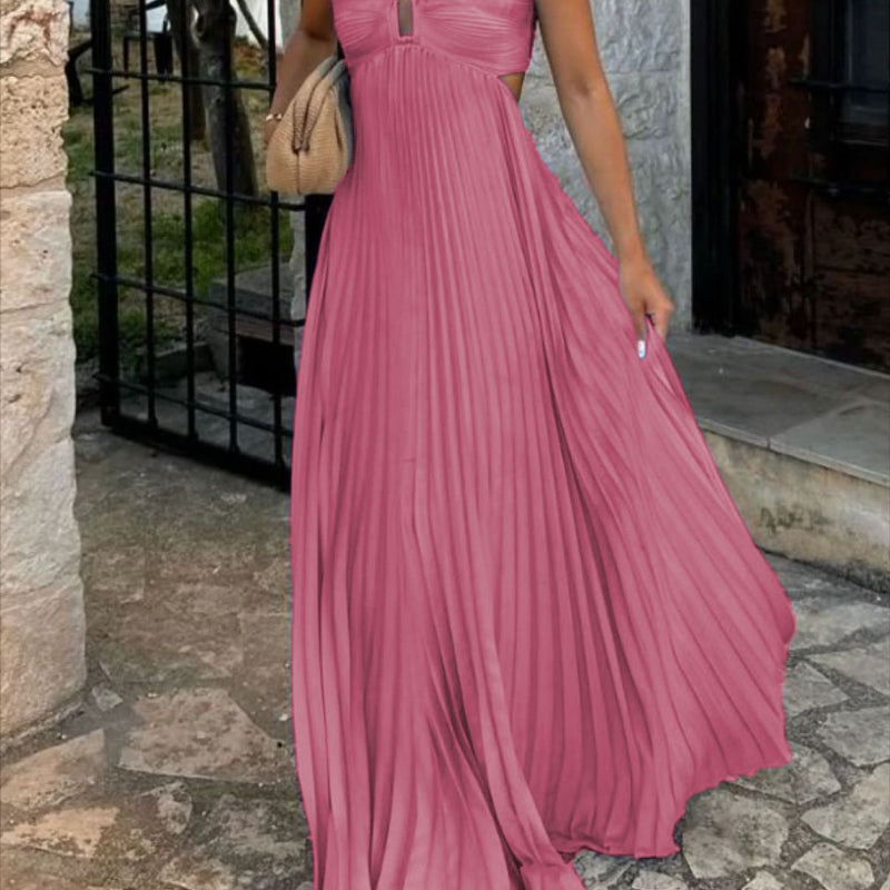 Pleated Sleeveless Sling Maxi Dress - pink