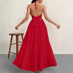 Backless Halterneck V-Neck Pleated A- Line Midi Dress - red
