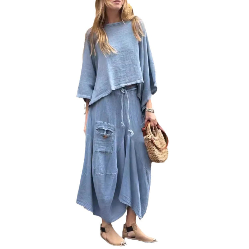 Relaxed Asymmetric Top and Maxi Skirt Set - light blue