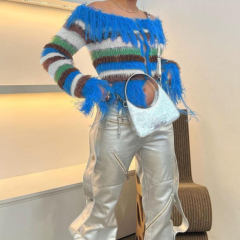 Contrast Slotted Neck Slim Long Sleeve T-Shirt - runwayfashionista.com